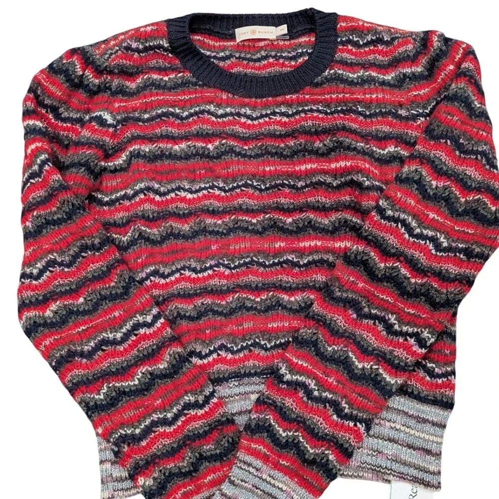 $298 TORY BURCH Lurex Stripe Knit Wool Blend Red Sweater Crew Neck Womens MEDIUM